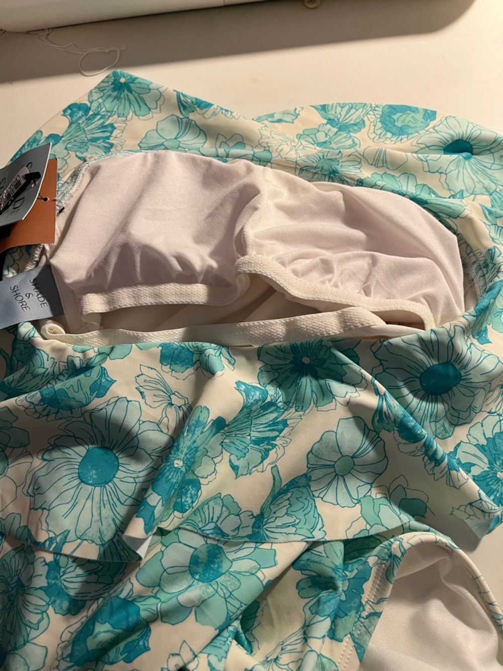 NWT Shade & Shore White & Aqua Floral Off-Shoulder Ruffle Swimsuit- 1 piece Sz S - Picture 8 of 15